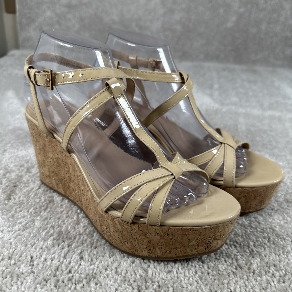 KATE SPADE Size 7.5 Beige Patent Leather Strappy Platform Cork Wedge Sandals